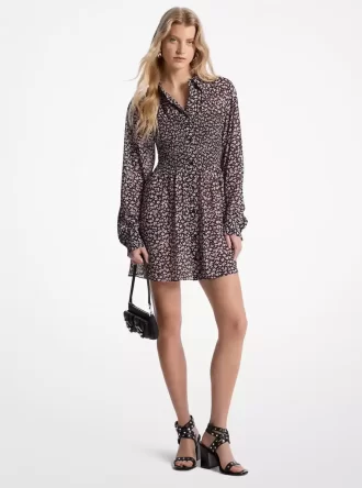 Blommig Georgette Smockad Skjortklänning