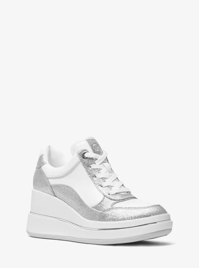Emmy glitterutsmyckade lädersneakers med kilklack