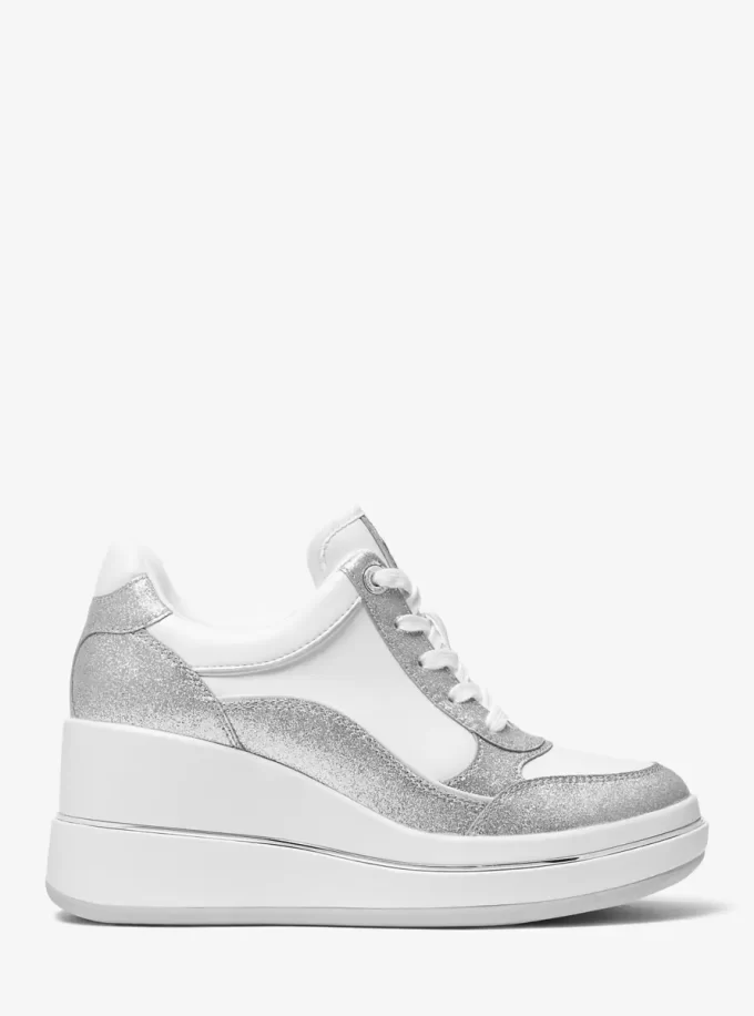 Emmy glitterutsmyckade lädersneakers med kilklack