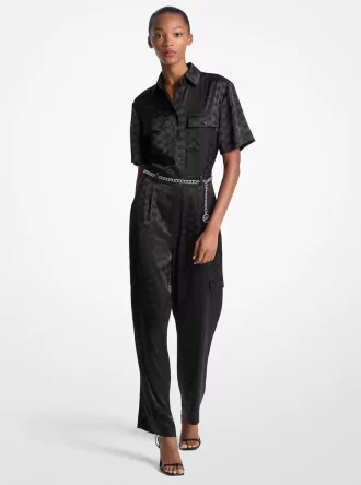 Jumpsuit med logotyp och jacquardmönster i satin och skärp