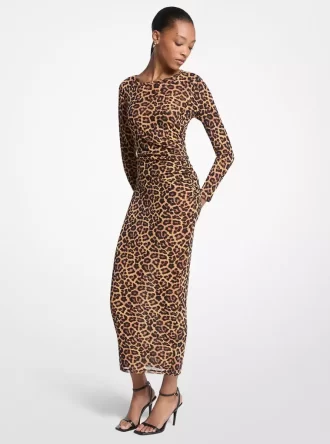 Leopardmönstrad nylonklänning i mesh