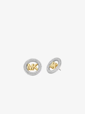 Mellanstora örhängen med ädelmetallpläterad mässingspavé och logotyp