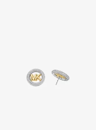 Mellanstora örhängen med ädelmetallpläterad mässingspavé och logotyp
