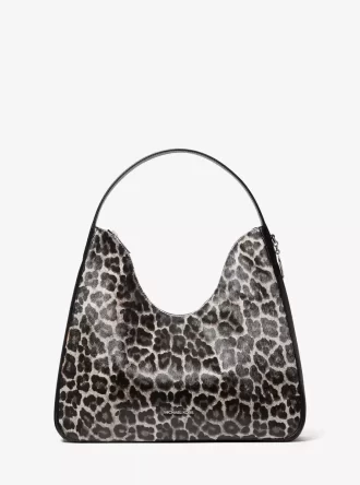 Nayla Medium Leopardmönstrad Hobo Axelväska med Kalvhår