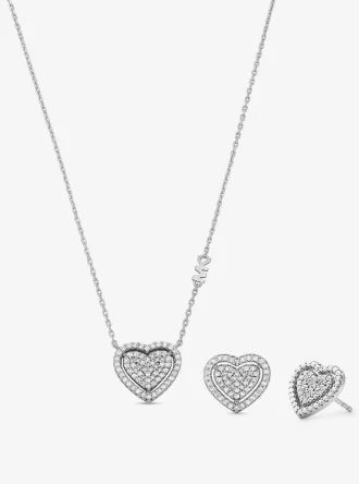 Presentset med halsband och örhängen i sterlingsilver med pavé-hjärta och pläterat ädelmetall Presentset med halsband och örhängen i sterlingsilver med pavé-hjärta och pläterat ädelmetall