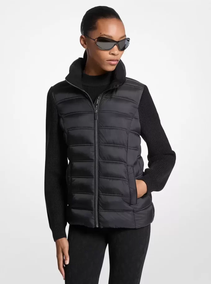 Quiltad nylon- och stickad jacka