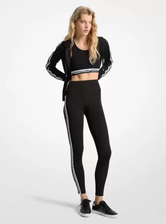 Stretchiga stickade leggings med hög midja och logotyptejp