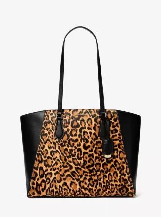 Taryn stor leopardmönstrad tygväska med kalvhår