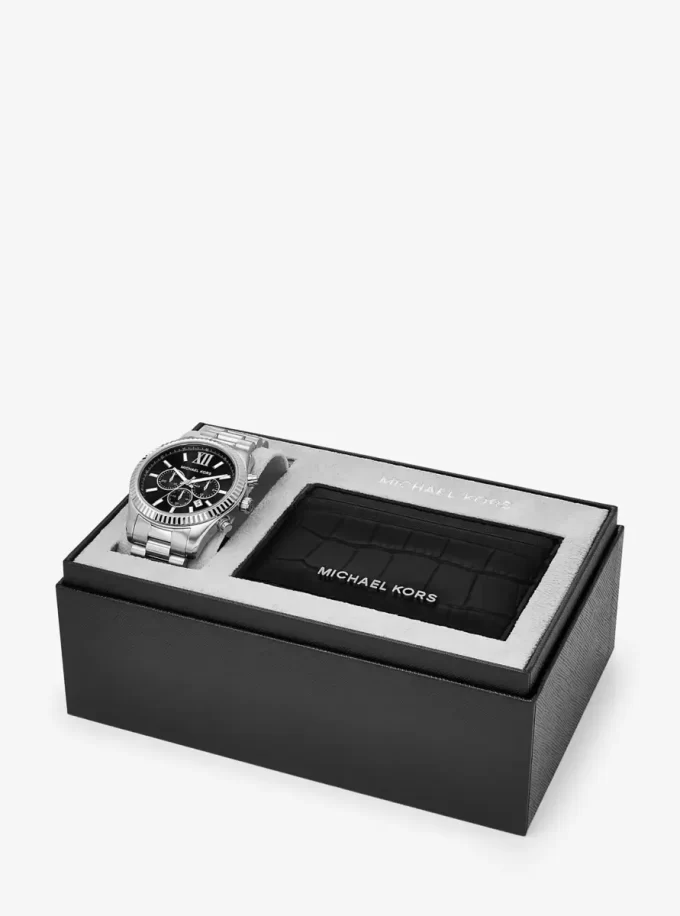 Överdimensionerad Lexington silverfärgad klocka och krokodilpräglat läderfodral – presentset Överdimensionerad Lexington silverfärgad klocka och krokodilpräglat läderfodral – presentset